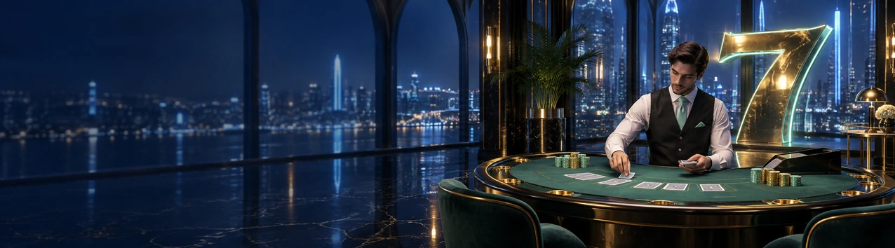 Şehir manzaralı canlı casino masasında kart dağıtan krupiye ve altın yedi amblemi